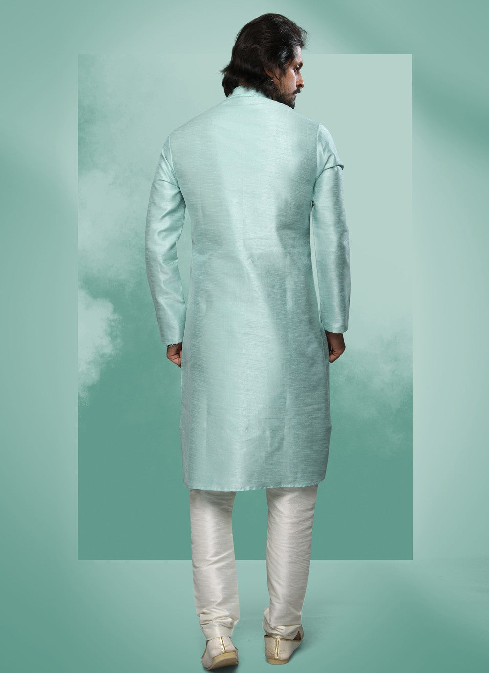 Embroidered Art Silk Turquoise Kurta Pyjama - M4374