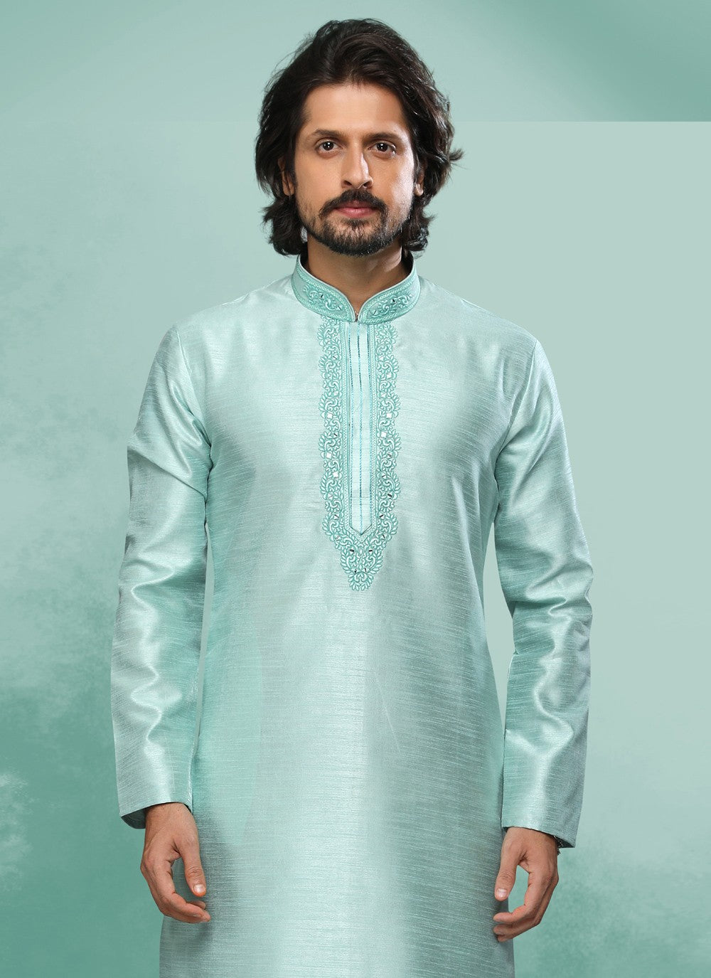 Embroidered Art Silk Turquoise Kurta Pyjama - M4374