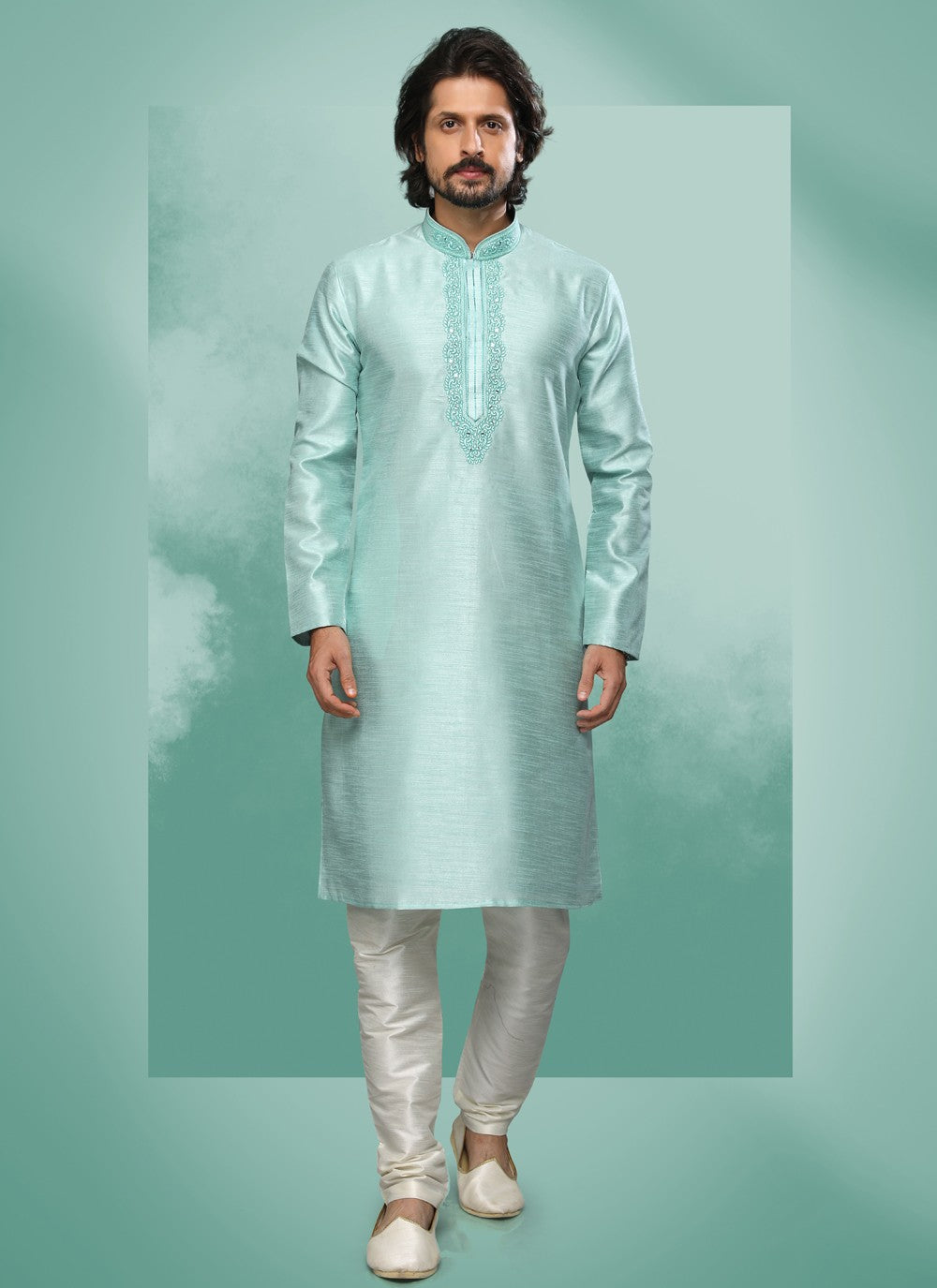 Embroidered Art Silk Turquoise Kurta Pyjama - M4374