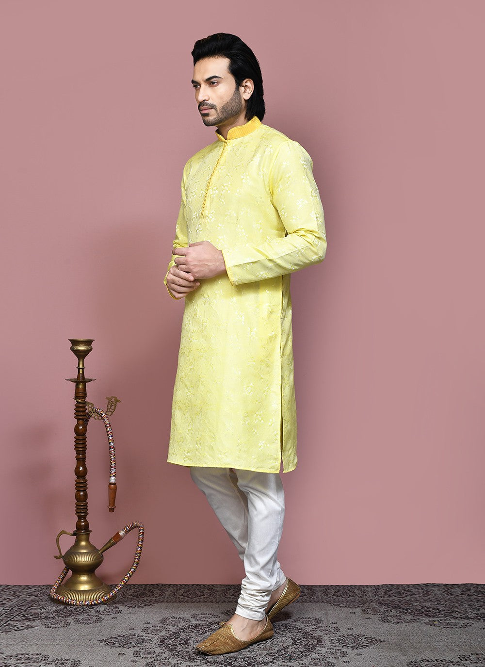 Resham Art Silk Yellow Kurta Pyjama - M7876