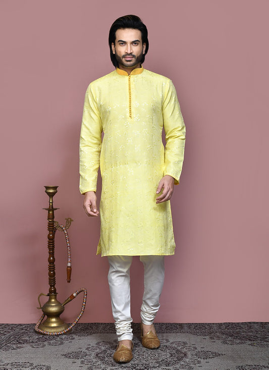 Resham Art Silk Yellow Kurta Pyjama - M7876