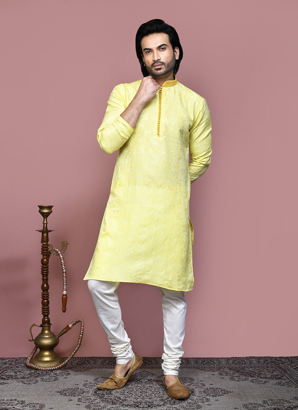 Resham Art Silk Yellow Kurta Pyjama - M7876