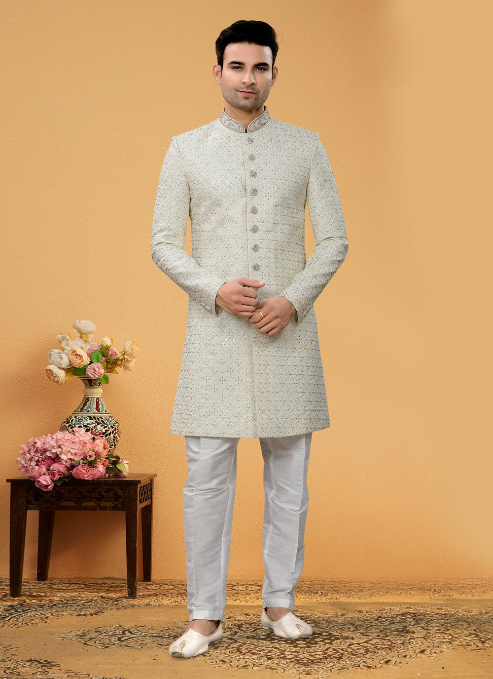 Diamond Art Silk Off White Indo Western Sherwani - M5104