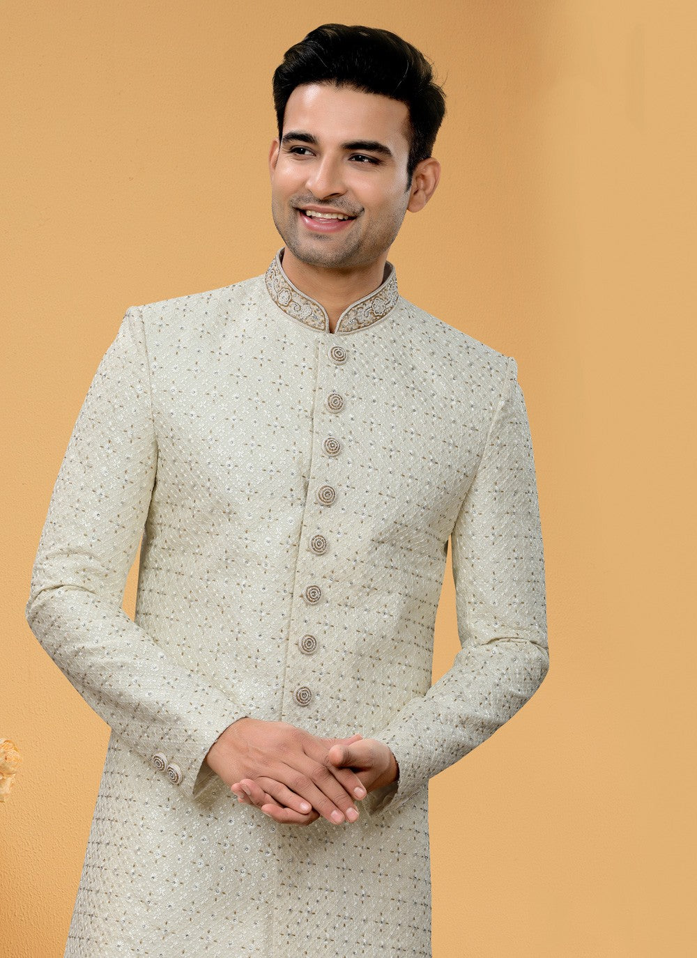 Diamond Art Silk Off White Indo Western Sherwani - M5104