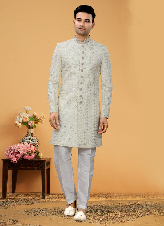 Diamond Art Silk Off White Indo Western Sherwani - M5104