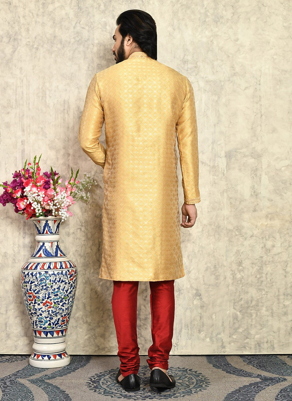 Machine Embroidery Art Silk Gold Kurta Pyjama - M7941