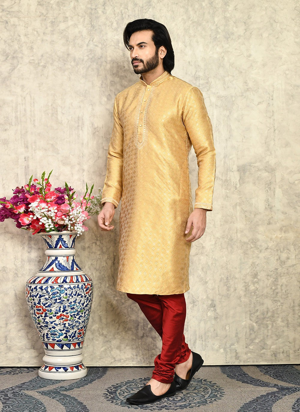 Machine Embroidery Art Silk Gold Kurta Pyjama - M7941