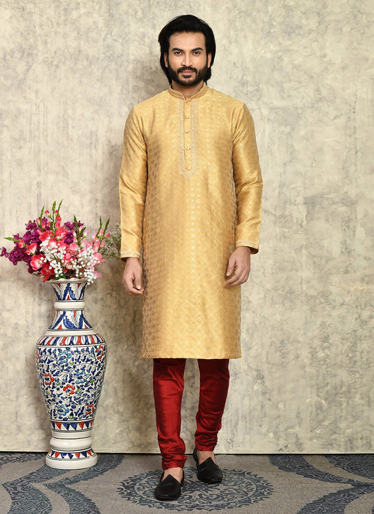 Machine Embroidery Art Silk Gold Kurta Pyjama - M7941