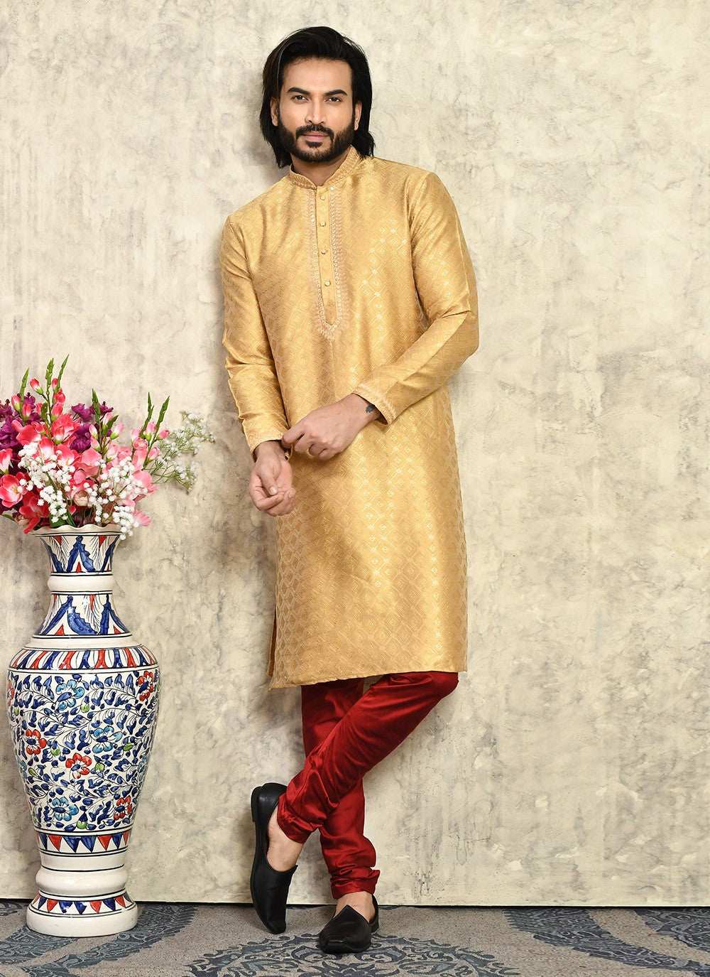 Machine Embroidery Art Silk Gold Kurta Pyjama - M7941