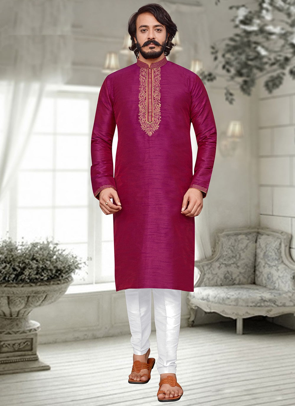 Embroidered Art Silk Magenta Kurta Pyjama - M2024