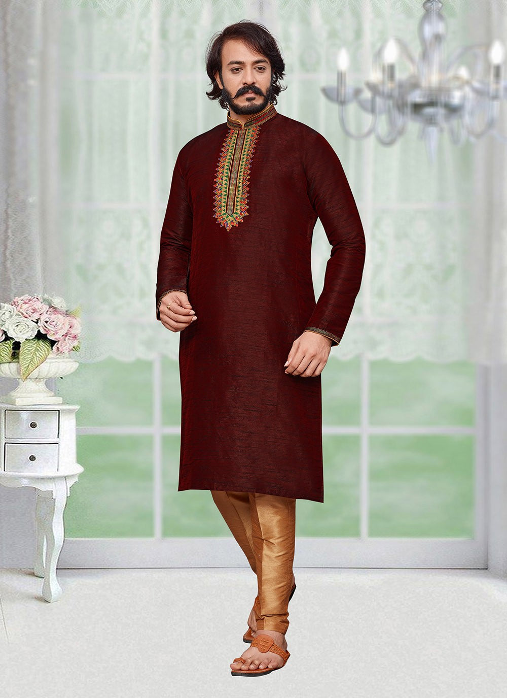 Embroidered Art Silk Maroon Kurta Pyjama - M2324