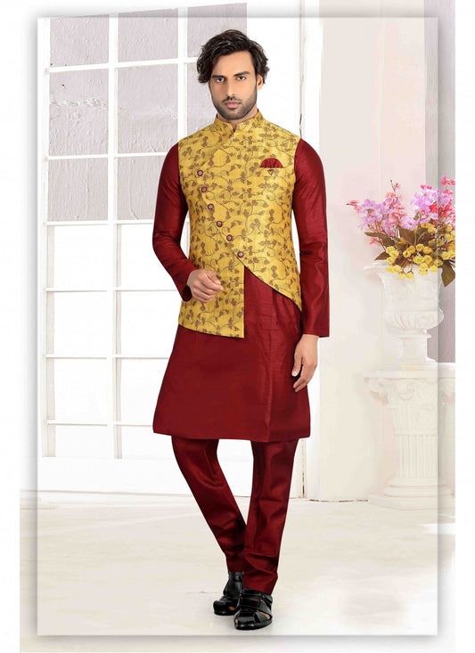 Printed Art Silk Maroon Kurta Payjama With Jacket - M1703