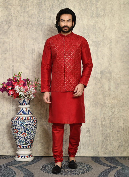 Embroidered Art Silk Maroon Kurta Payjama With Jacket - M8006