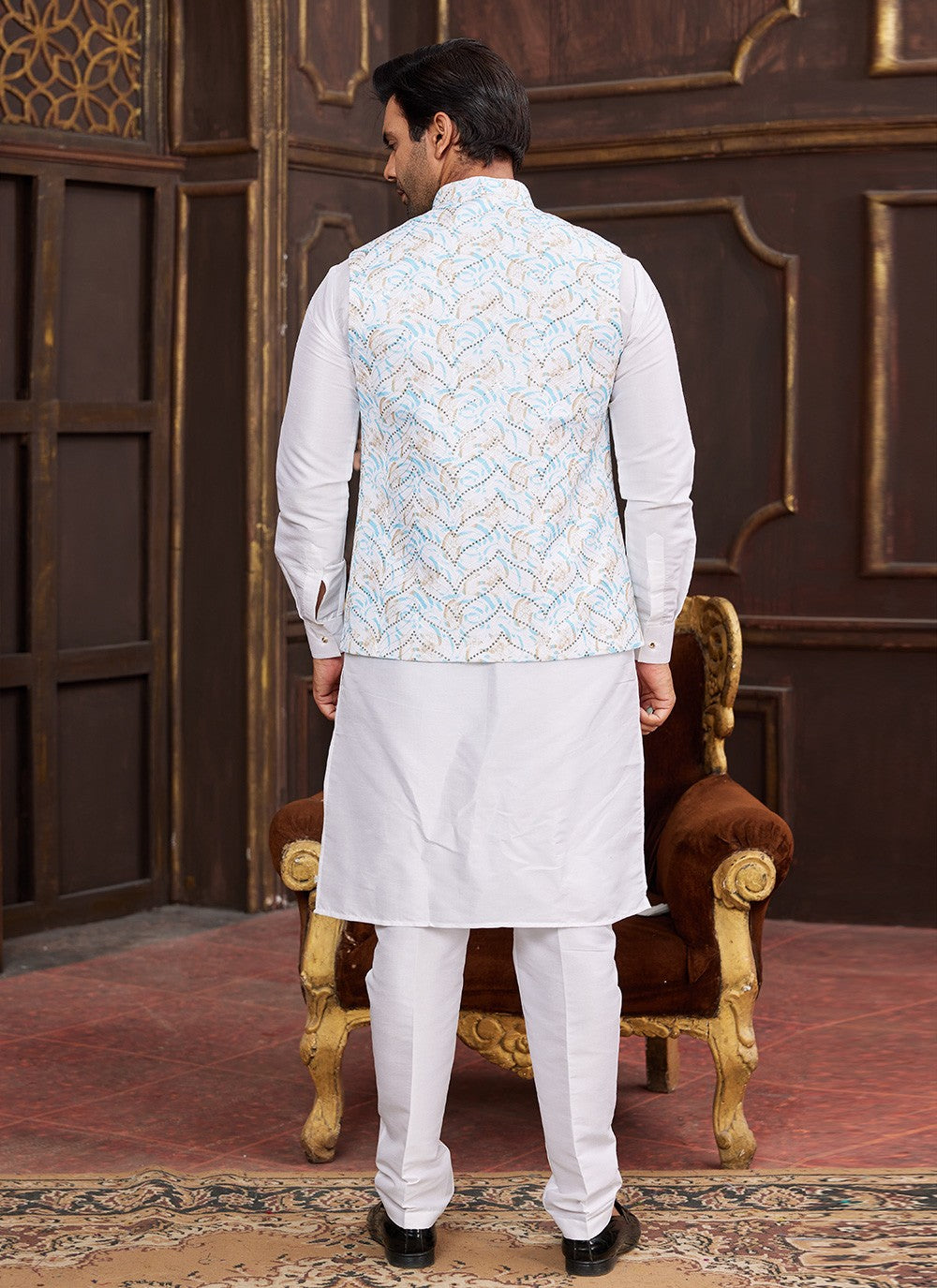 Digital Print Art Silk Multi Colour, Off White Kurta Payjama With Jacket - M8729