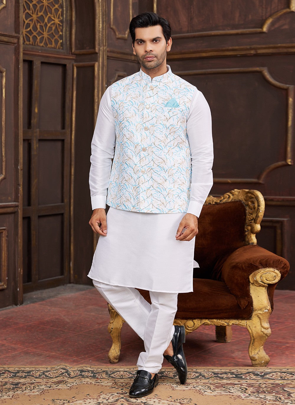 Digital Print Art Silk Multi Colour, Off White Kurta Payjama With Jacket - M8729