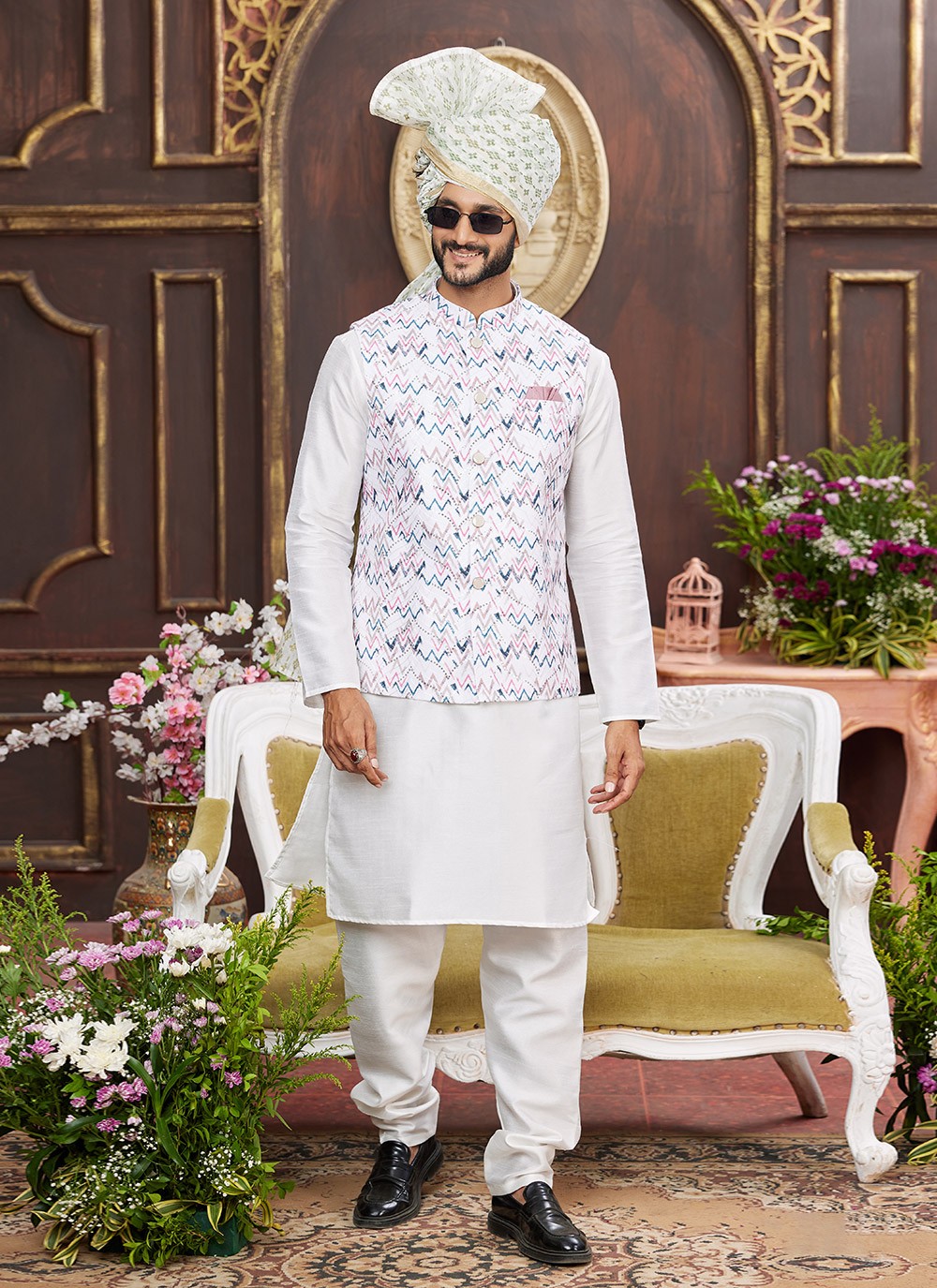 Digital Print Art Silk Multi Colour Kurta Payjama With Jacket - M8719