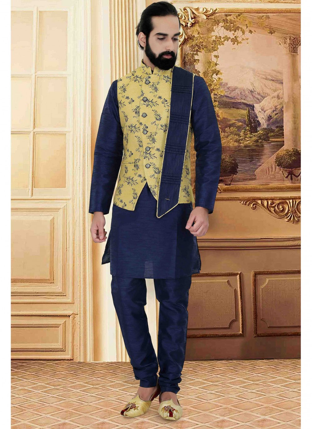 Printed Art Silk Navy Blue Kurta Payjama With Jacket - M1702