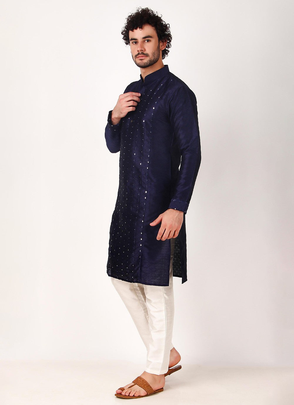 Embroidered Art Silk Navy Blue Kurta Pyjama - M8168