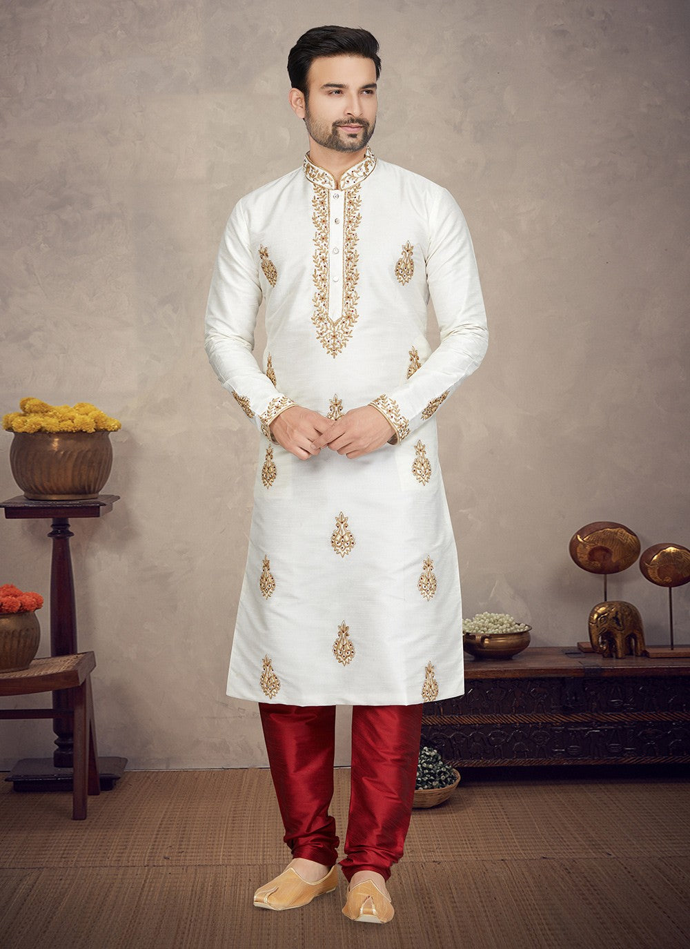 Embroidered Art Silk Off White Kurta Pyjama - M5871