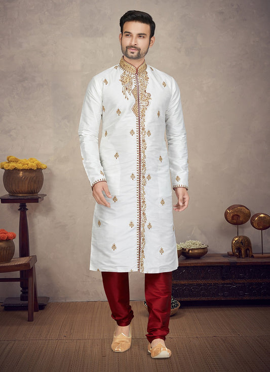 Embroidered Art Silk Off White Kurta Pyjama - M5874