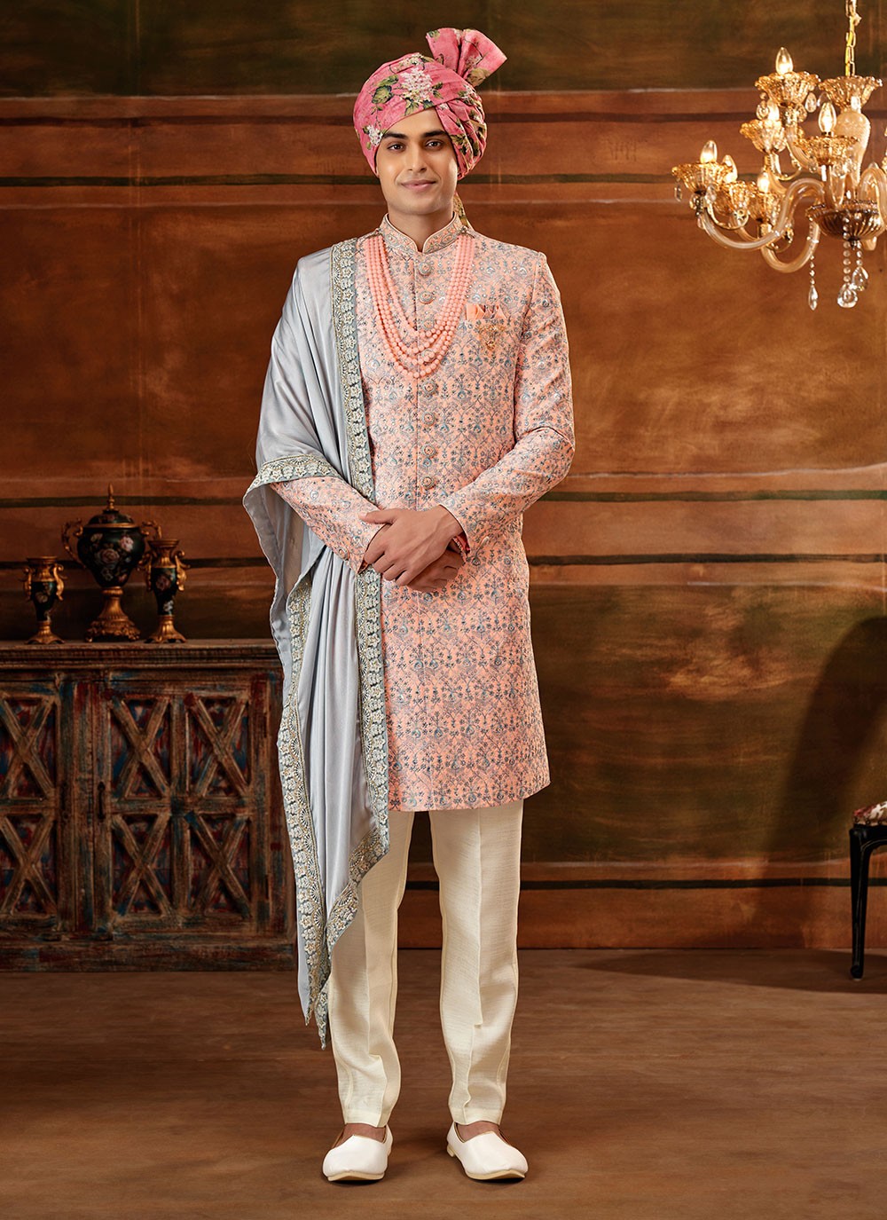 Hand Embroidery Art Silk Peach Sherwani - M4297