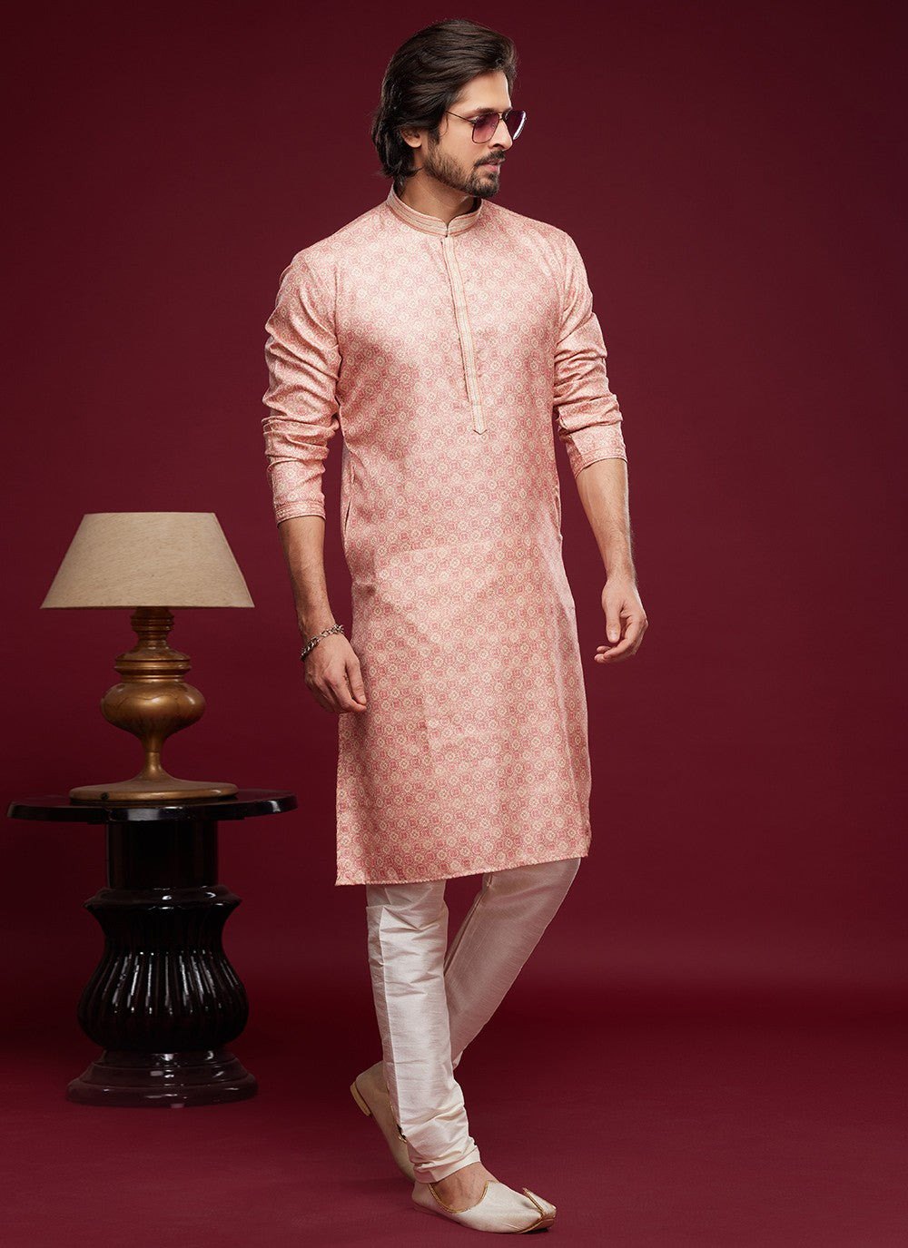 Digital Print Art Silk Pink Kurta Pyjama - M6021