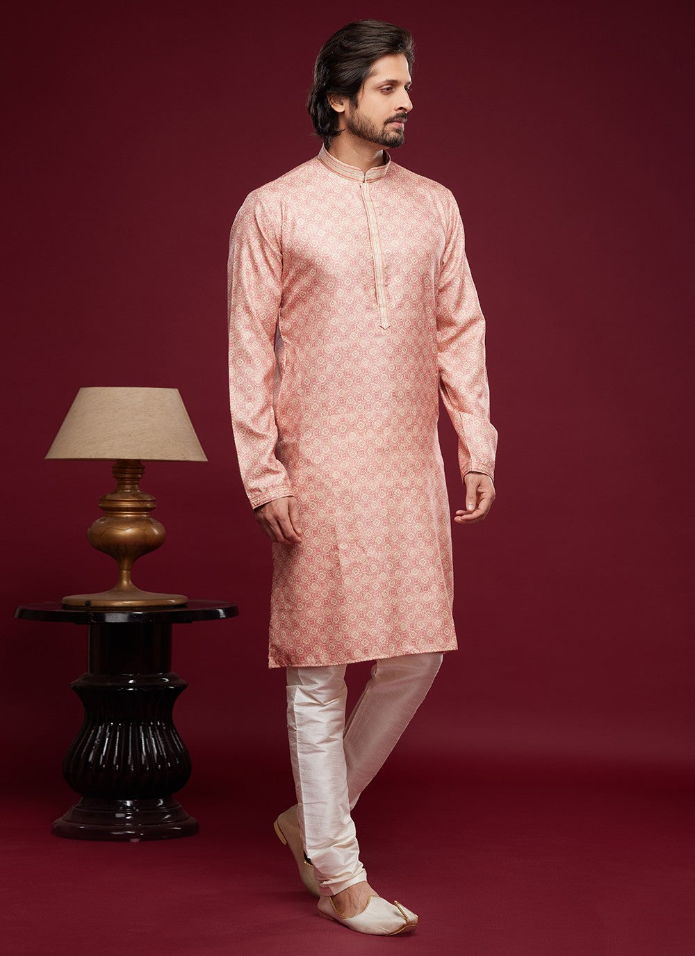 Digital Print Art Silk Pink Kurta Pyjama - M6021