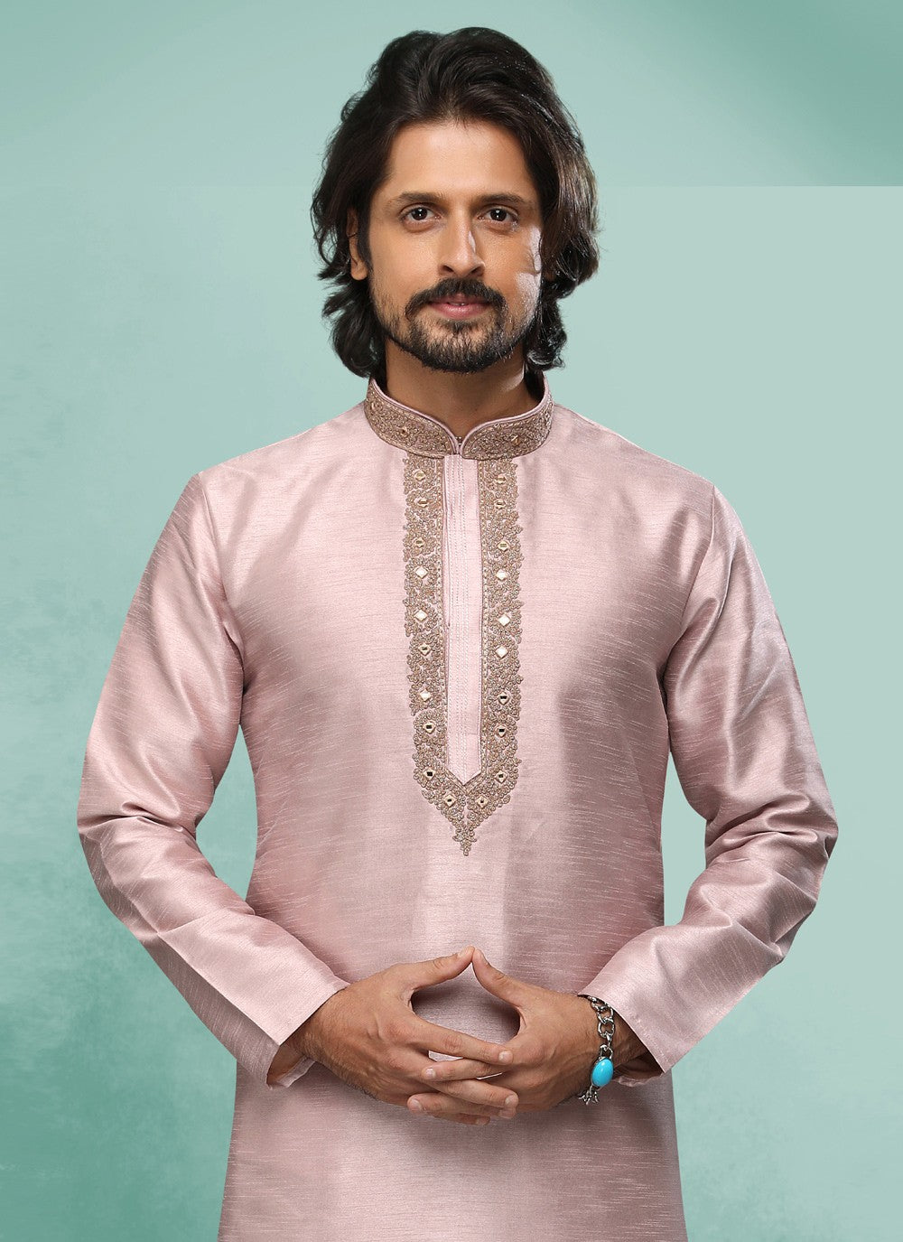 Embroidered Art Silk Pink Kurta Pyjama - M4360