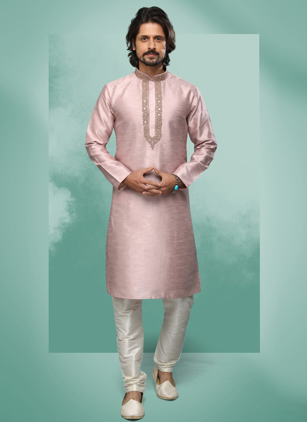 Embroidered Art Silk Pink Kurta Pyjama - M4360