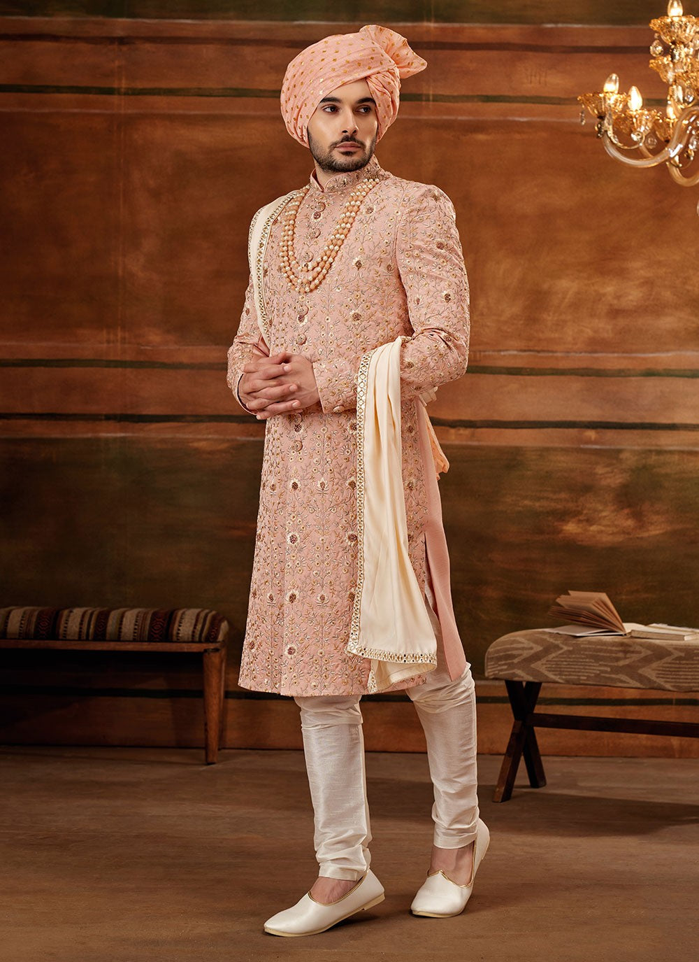 Hand Embroidery Art Silk Pink Sherwani - M4294