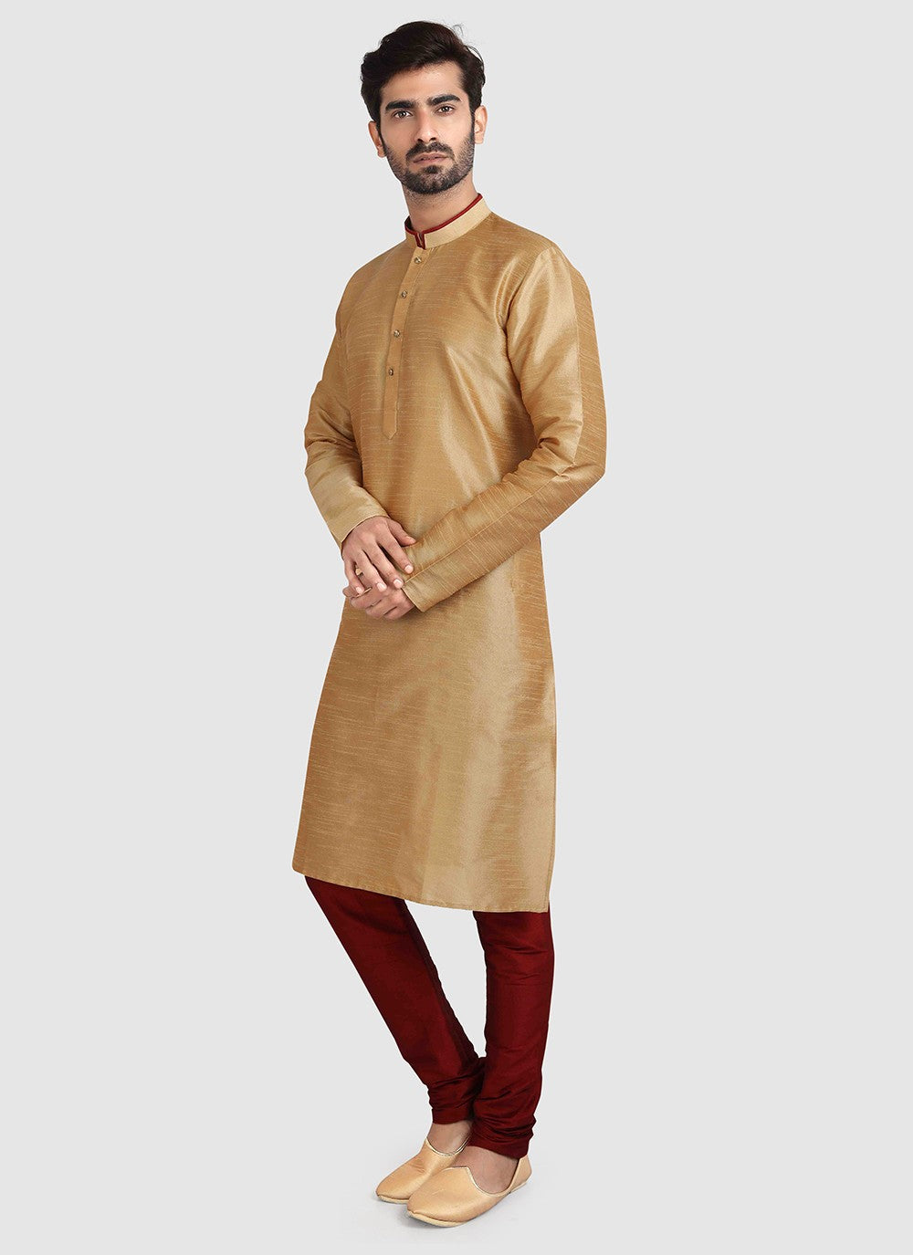 Plain Art Silk Beige Kurta Pyjama - M3416