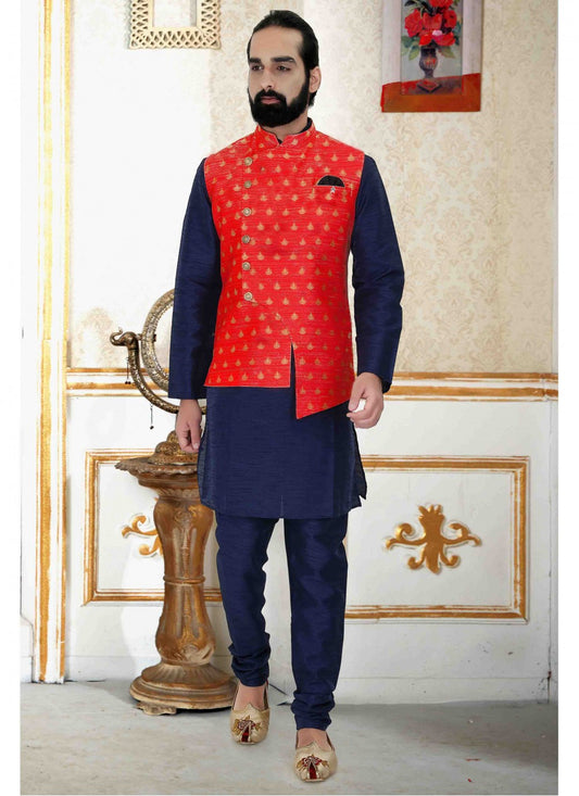 Plain Art Silk Navy Blue Kurta Payjama With Jacket - M1707