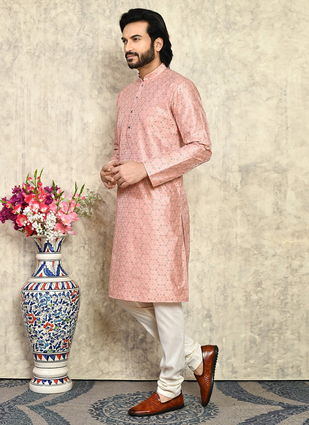 Plain Art Silk Rust Kurta Pyjama - M7934