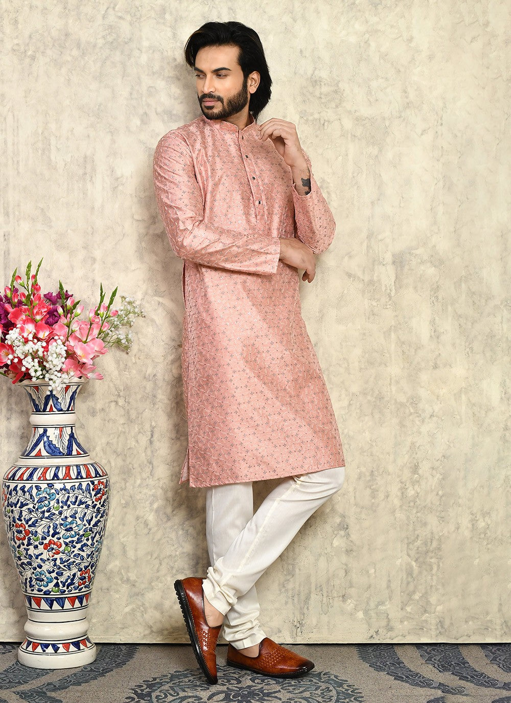 Plain Art Silk Rust Kurta Pyjama - M7934