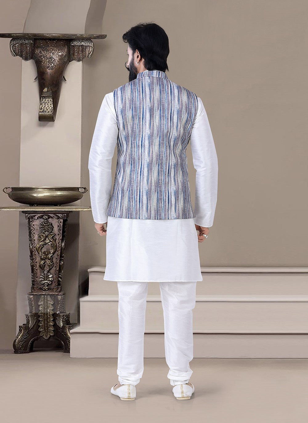 Printed Art Silk Multi Colour, White Kurta Payjama With Jacket - M3474