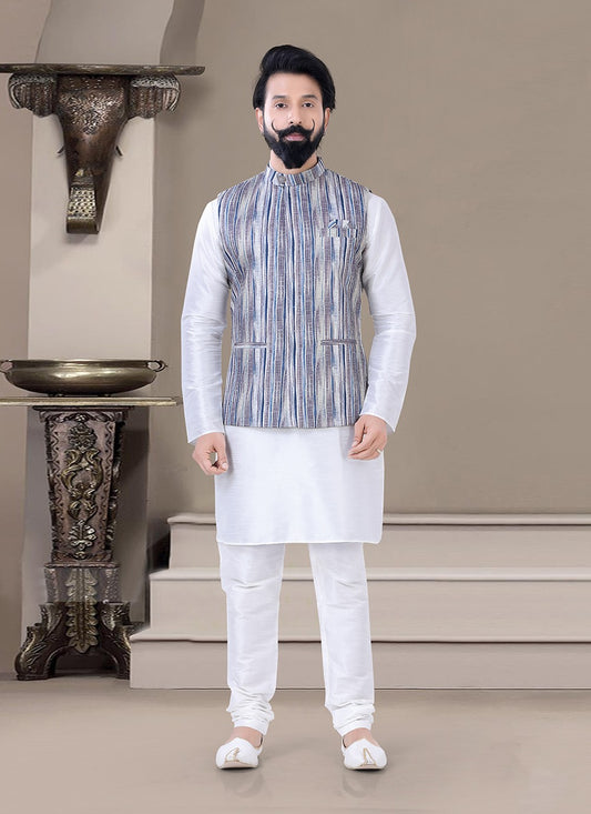 Printed Art Silk Multi Colour, White Kurta Payjama With Jacket - M3474