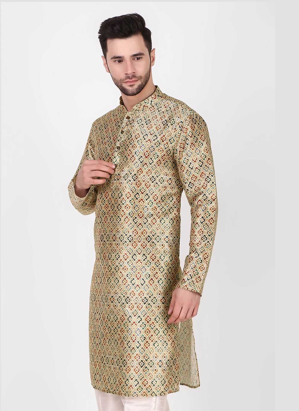 Printed Art Silk Green Kurta Pyjama - M4758