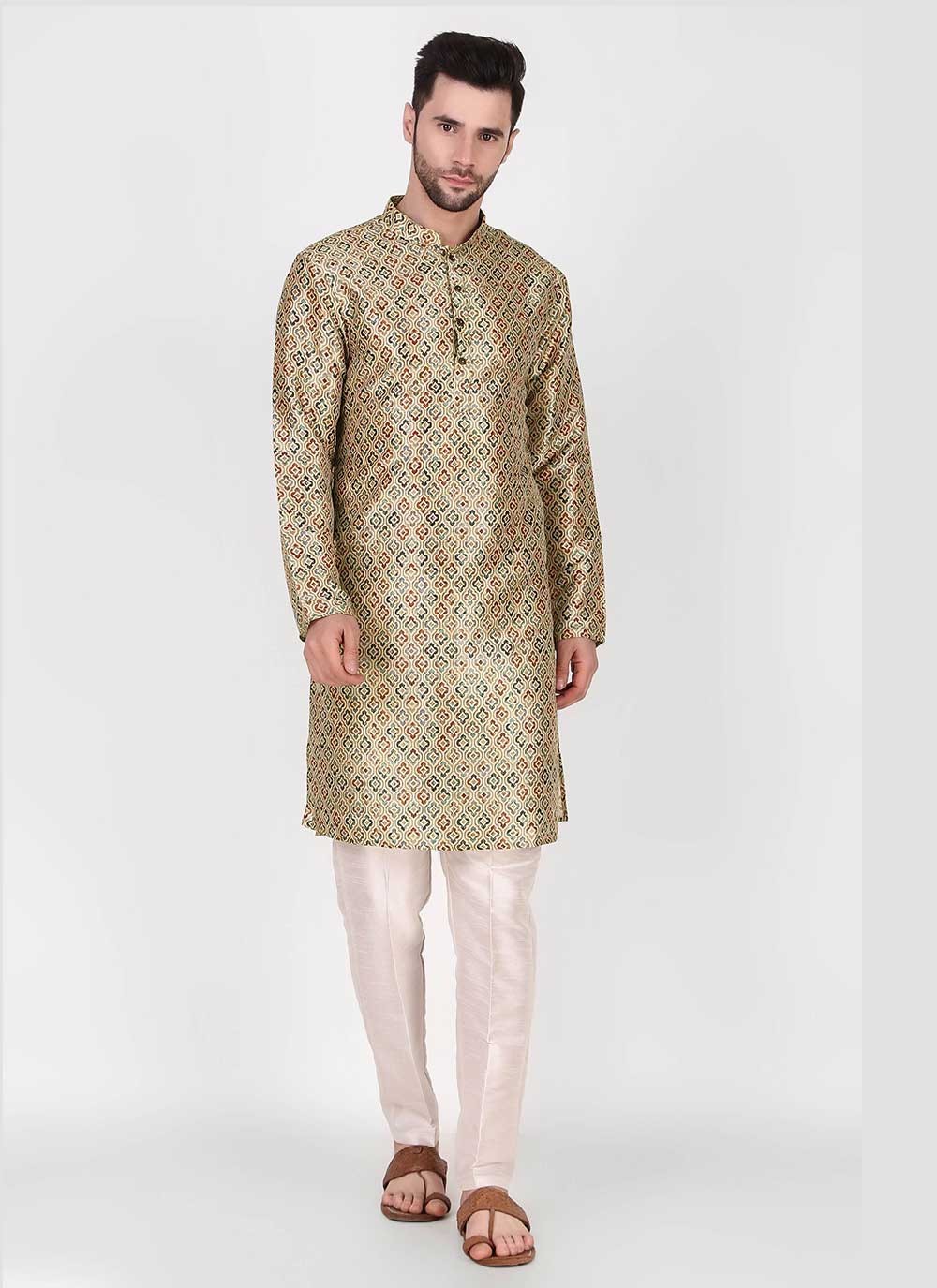 Printed Art Silk Green Kurta Pyjama - M4758