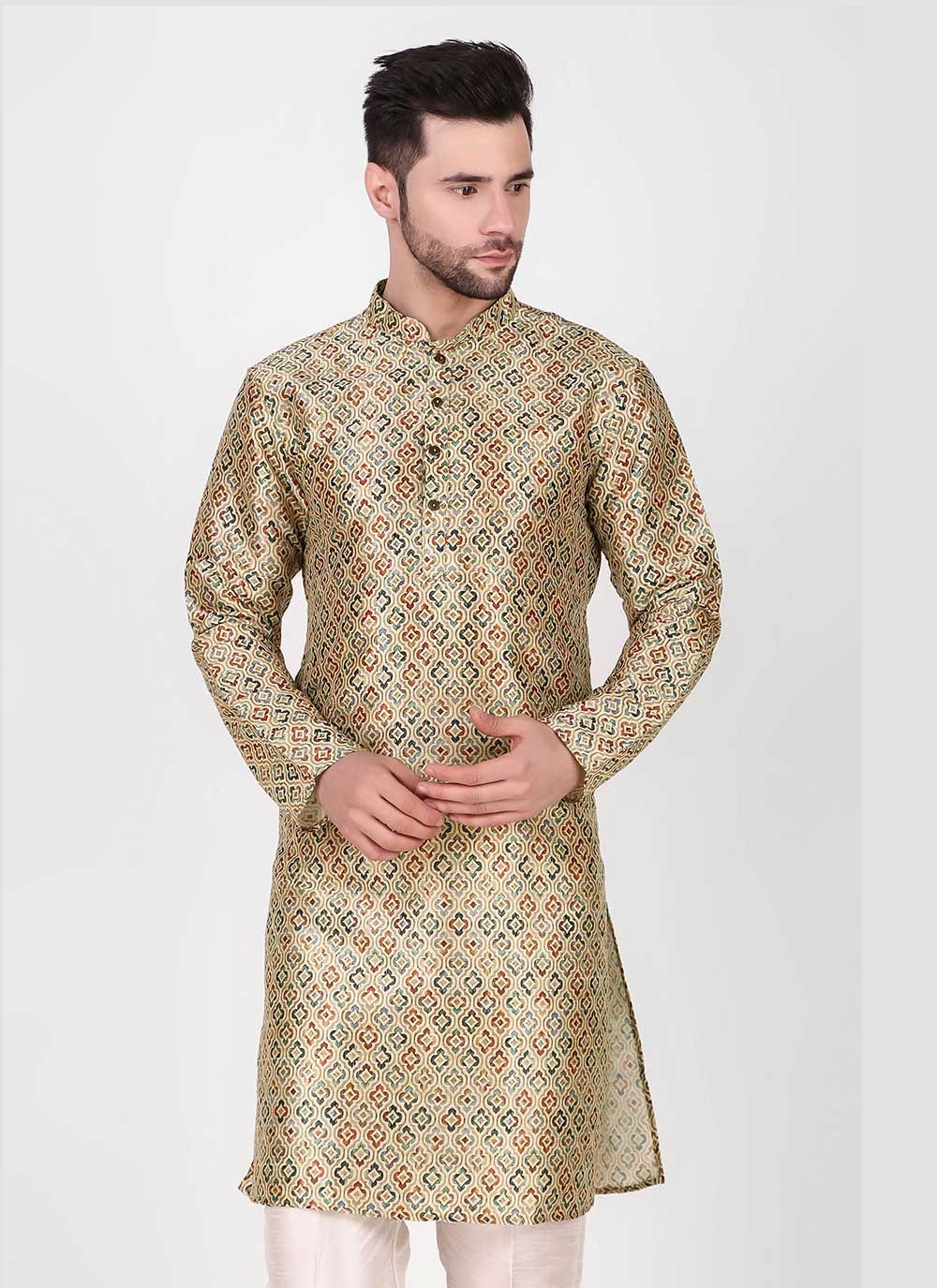 Printed Art Silk Green Kurta Pyjama - M4758