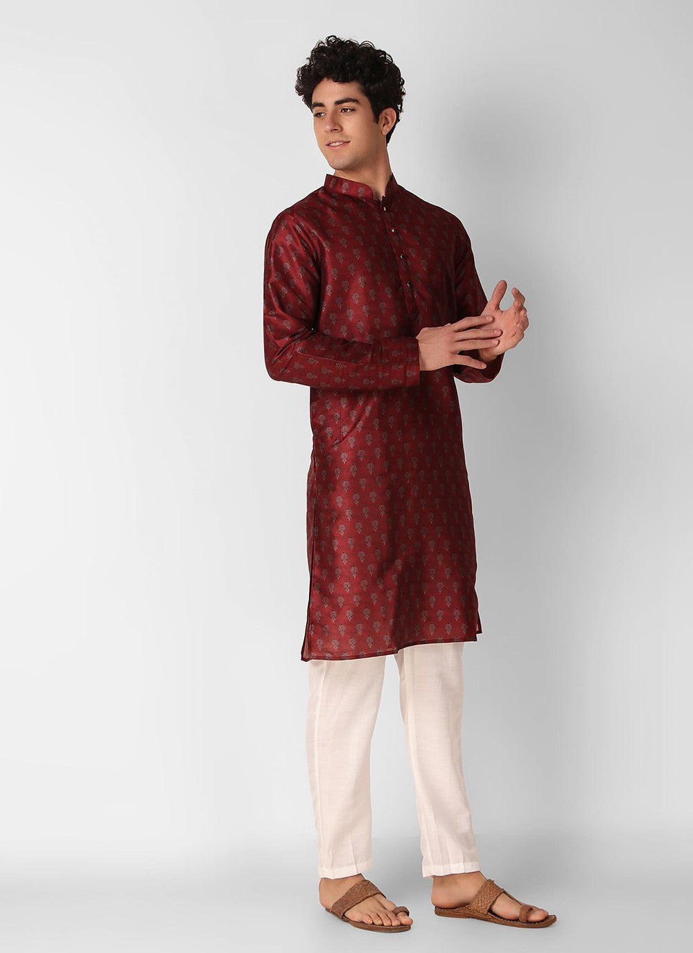 Printed Art Silk Maroon Kurta Pyjama - M8270