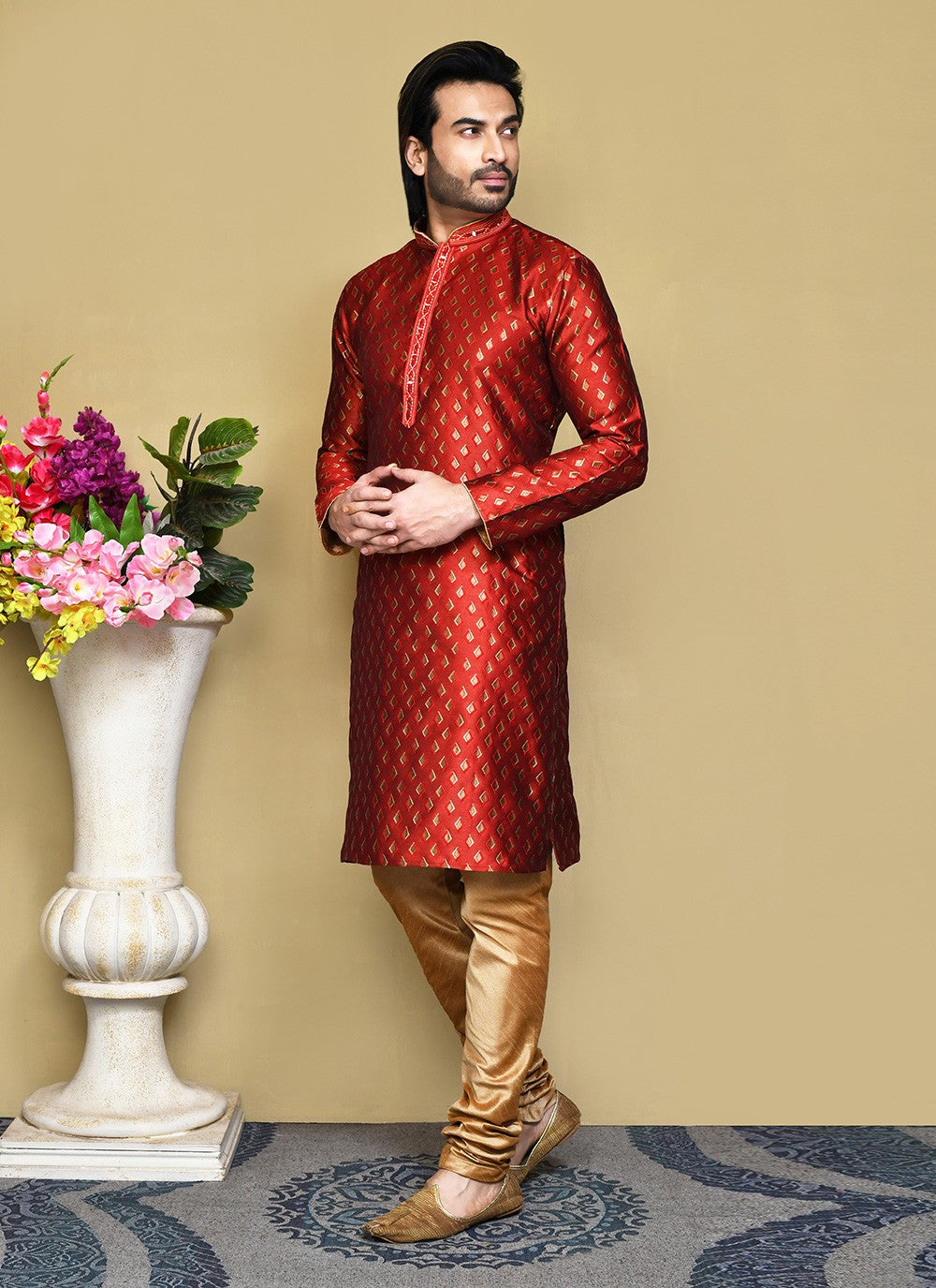 Resham Art Silk Red Kurta Pyjama - M7857