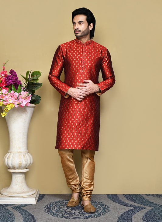 Resham Art Silk Red Kurta Pyjama - M7857