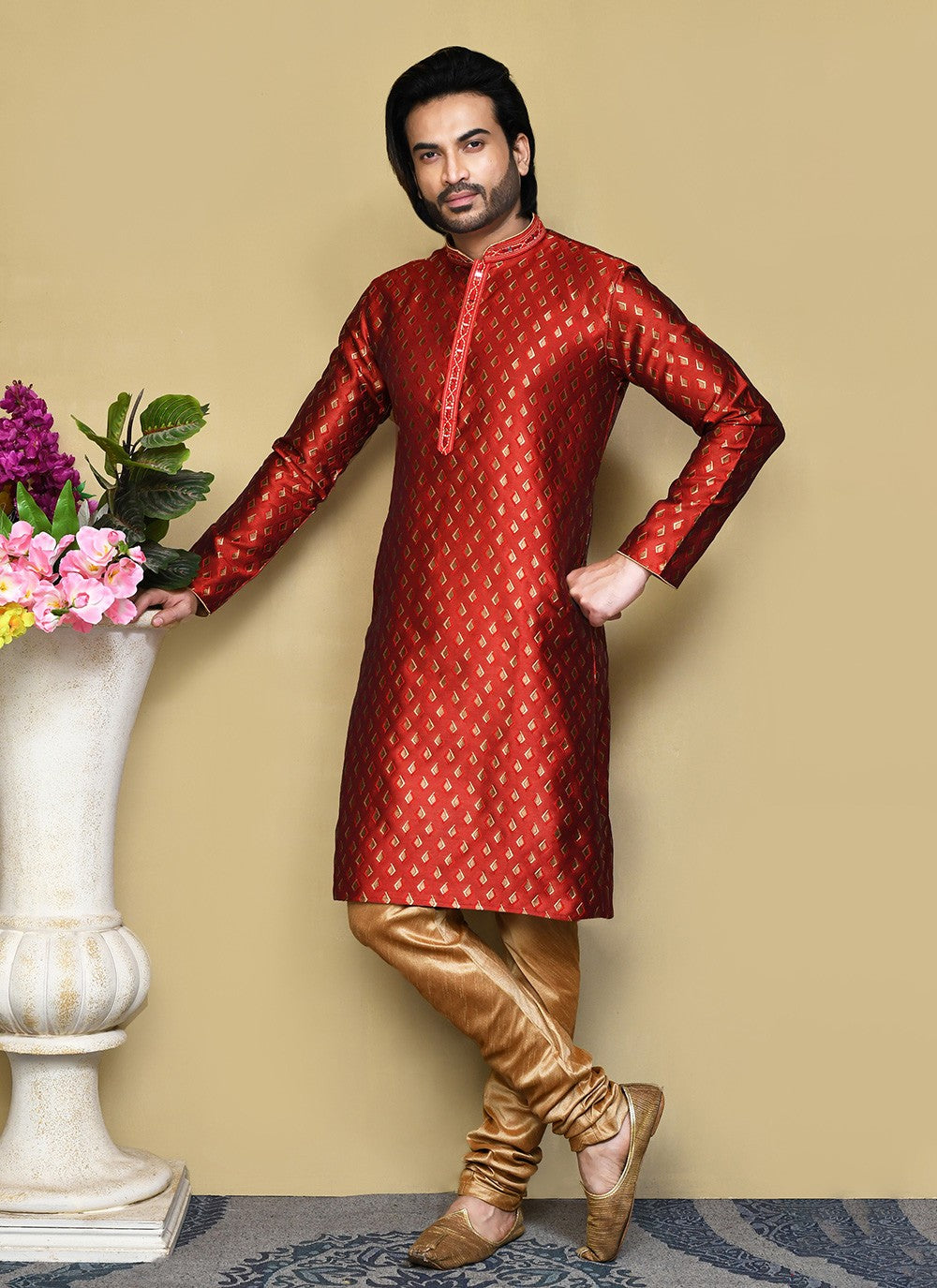 Resham Art Silk Red Kurta Pyjama - M7857