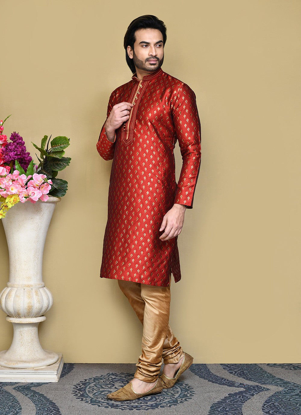 Resham Art Silk Red Kurta Pyjama - M7835