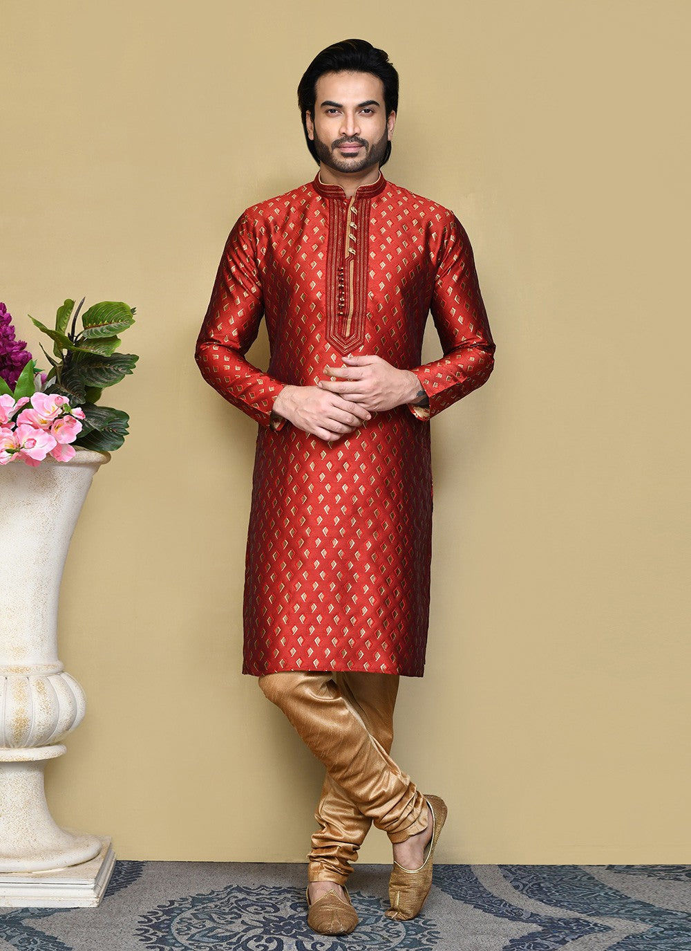 Resham Art Silk Red Kurta Pyjama - M7835