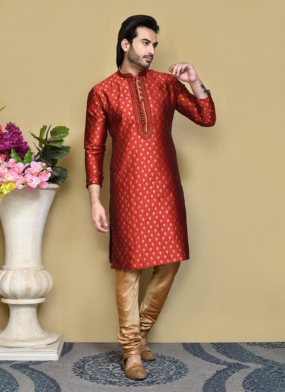 Resham Art Silk Red Kurta Pyjama - M7835