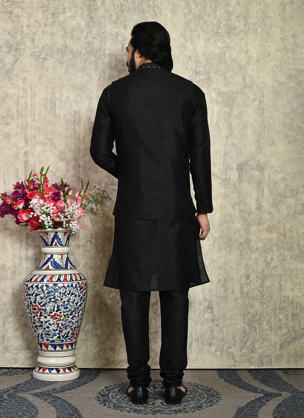 Embroidered Art Silk Black Kurta Payjama With Jacket - M7999