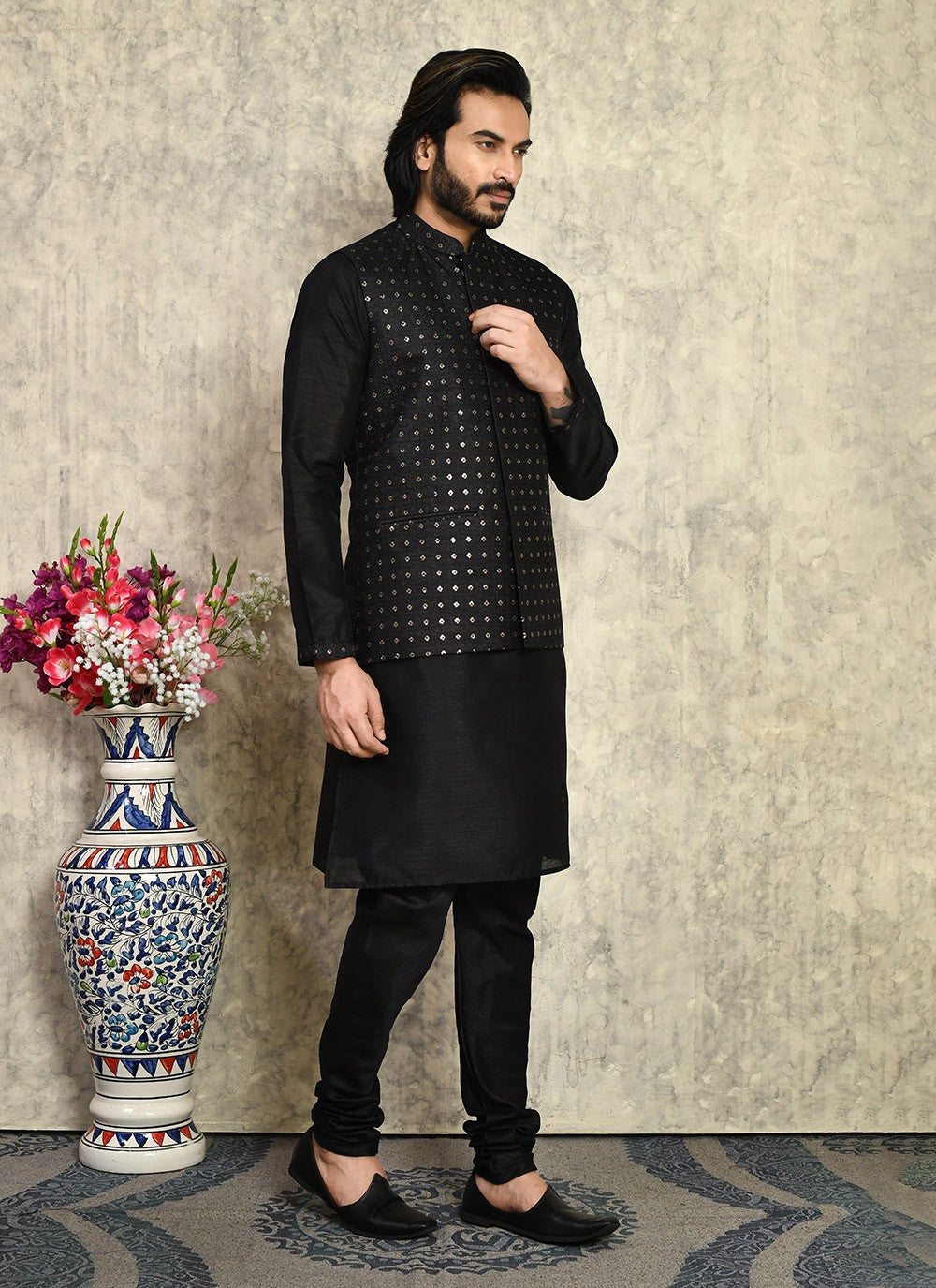 Embroidered Art Silk Black Kurta Payjama With Jacket - M7999