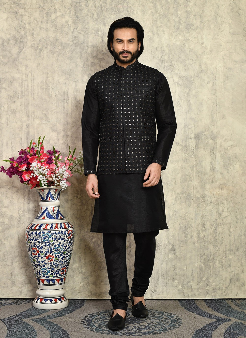 Embroidered Art Silk Black Kurta Payjama With Jacket - M7999