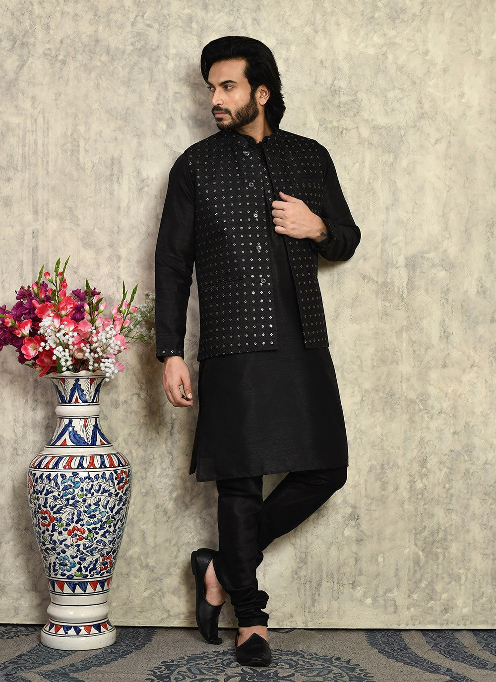 Embroidered Art Silk Black Kurta Payjama With Jacket - M7999